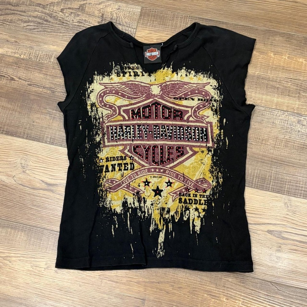Harley Davidson black baby tee with yellow and maroon graphic